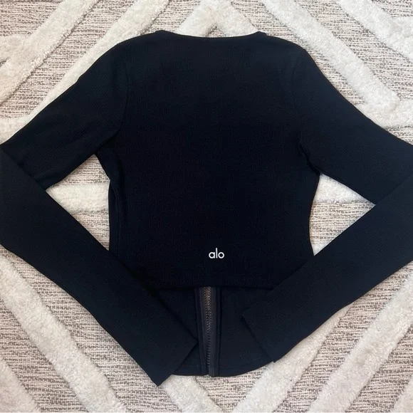 ALO Yoga Ribbed Stardust Jacket Double Zip Long Sleeve Top XS Like New Black - Picture 7 of 8